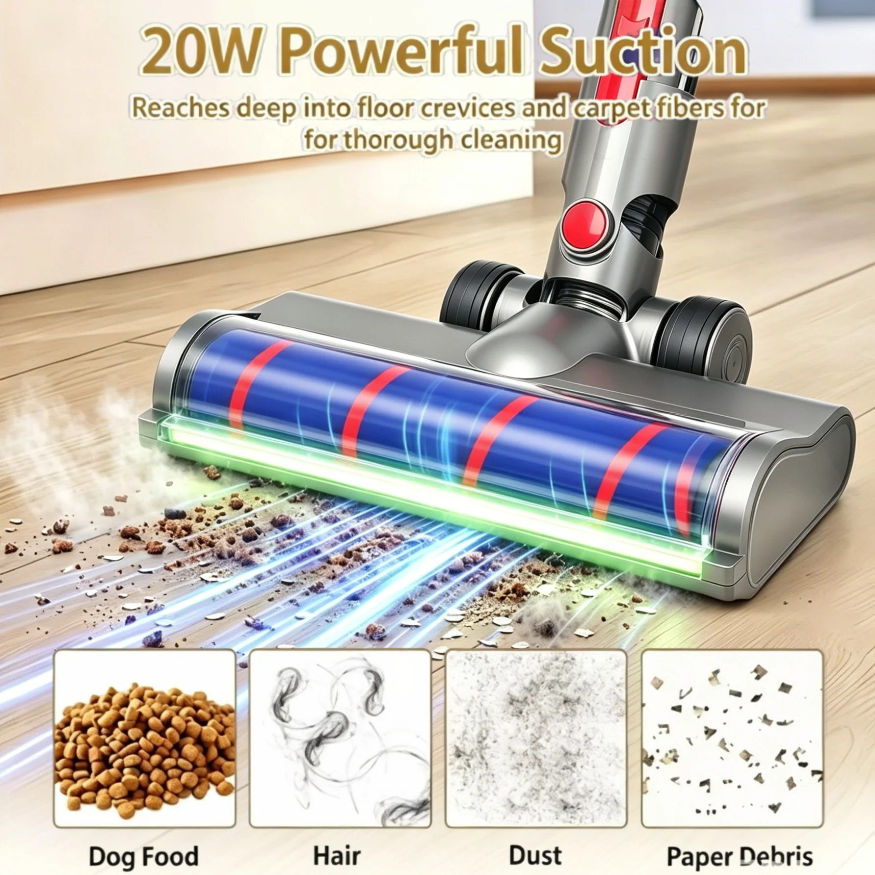 Green Light Dust Detection Fluffy Head, Soft Roller Vacuum Attachment for Dyson V7 V8 V10 V11 V15 Replacement Part for Hardwood