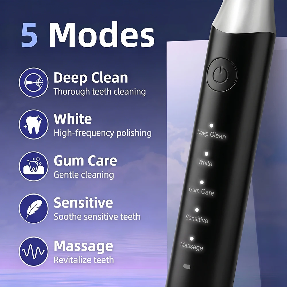 Electric Toothbrush Rechargeable 5 Modes IPX7 Waterproof, Adult Toothbrush with 4 Heads, 60-Day Battery USB-C, Travel Gift
