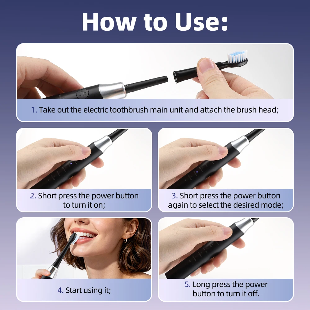Electric Toothbrush Rechargeable 5 Modes IPX7 Waterproof, Adult Toothbrush with 4 Heads, 60-Day Battery USB-C, Travel Gift