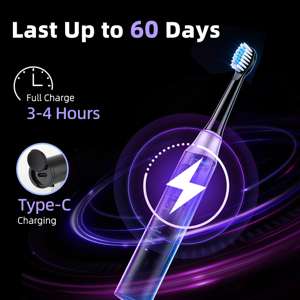 Electric Toothbrush Rechargeable 5 Modes IPX7 Waterproof, Adult Toothbrush with 4 Heads, 60-Day Battery USB-C, Travel Gift