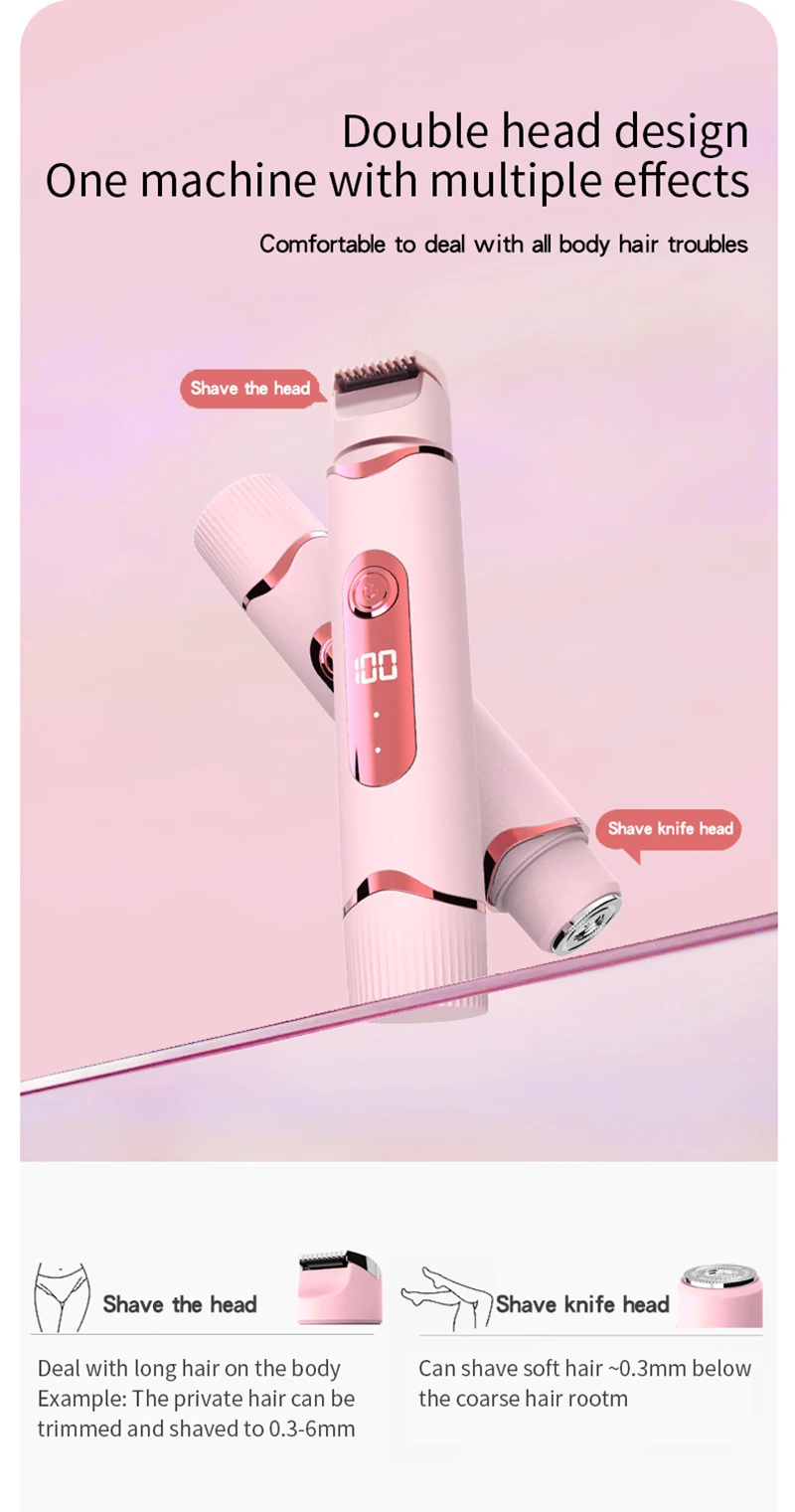 Dual-purpose Female Hair Trimmer 2-IN-1 Electric Shaver & Hair Clipper For Women Facial Leg Bikini Body Painless Hair Remover