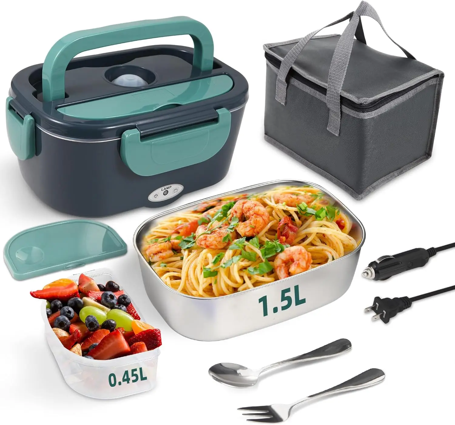 Electric Lunch Box 80W Portable Heated Lunchbox Adults Includes 2 Stainless Steel Containers Car Truck Work Use Leak Proof Food