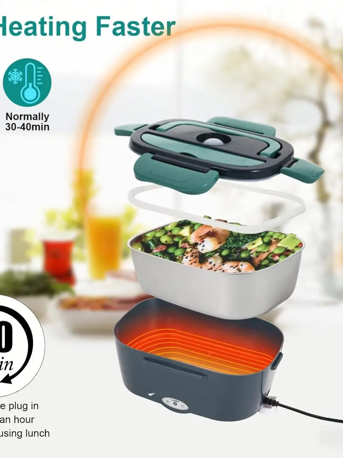 Electric Lunch Box 80W Portable Heated Lunchbox Adults Includes 2 Stainless Steel Containers Car Truck Work Use Leak Proof Food