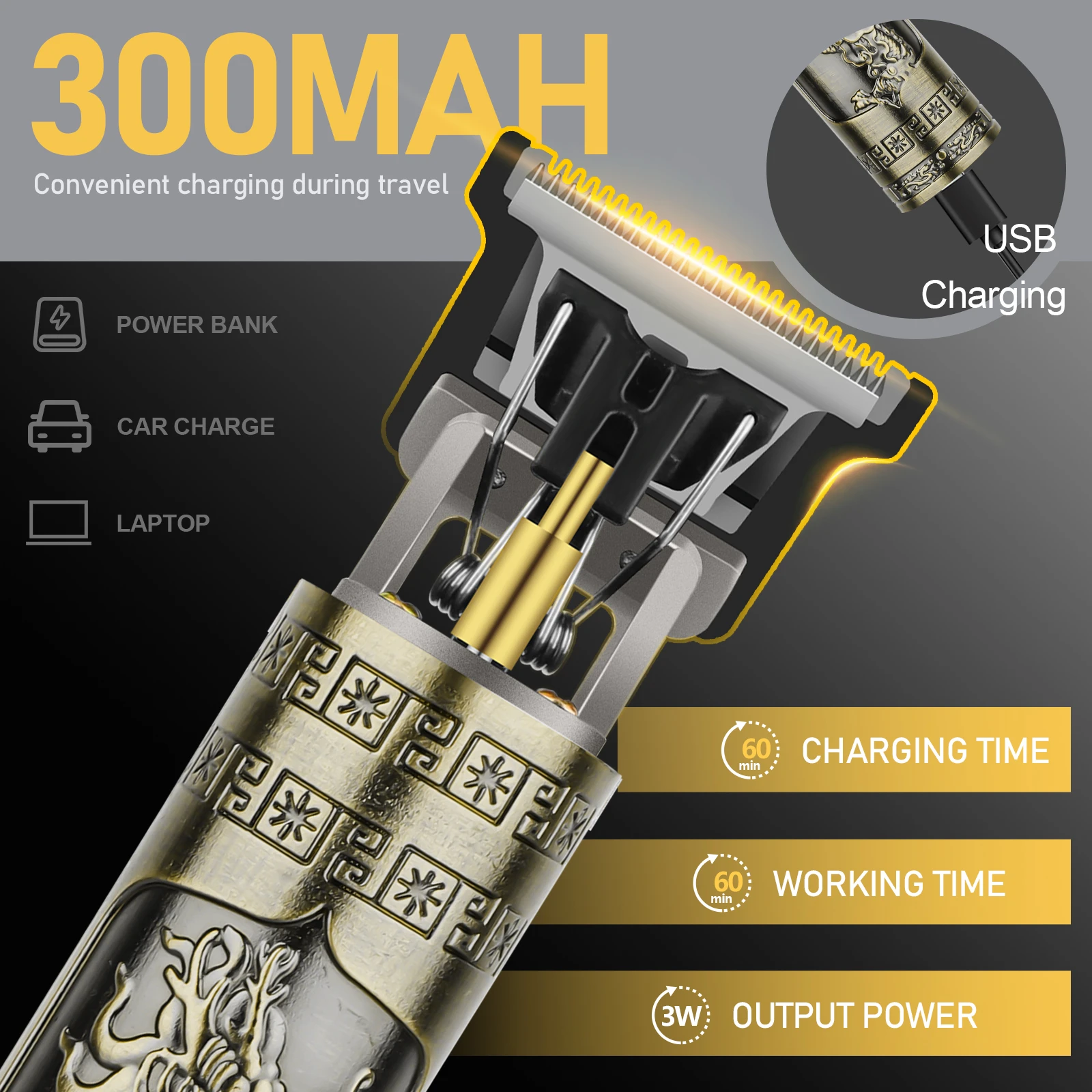USB Rechargeable Vintage T9 Hair Trimmer for Men Professional Barber Hair Clipper Beard Edge Cutting Machine with Guide Combs