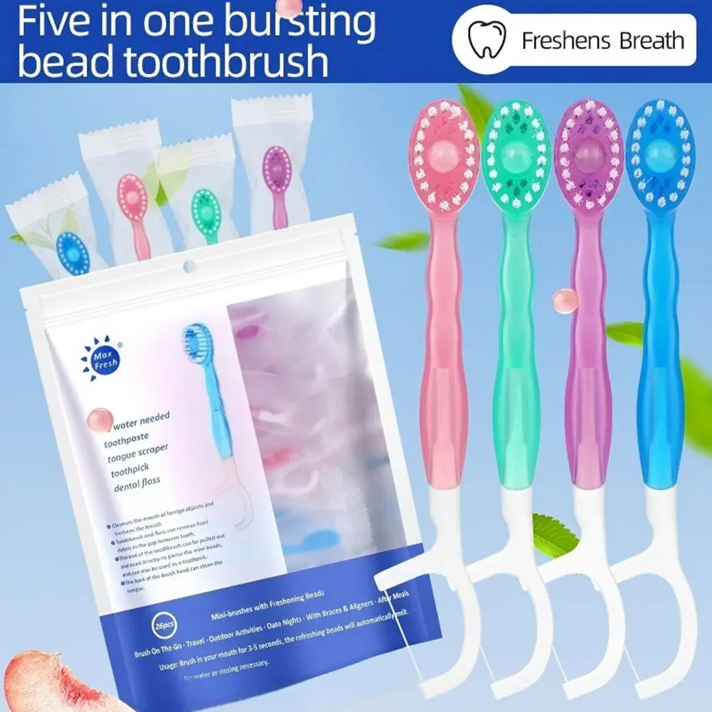 Disposable Toothbrush Exploded Beads Adults Cleaning Toothbrush Portable Tooth Brush With Dental Floss Tongue Scraper for Travel