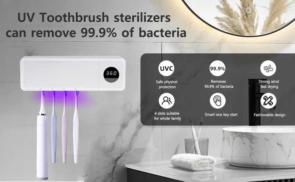 UV Toothbrush Sanitizer UV Light Cleaning Holder Toothbrush Smart Cleaner with Light Clean Air Drying Bathroom Wall Mount Holder