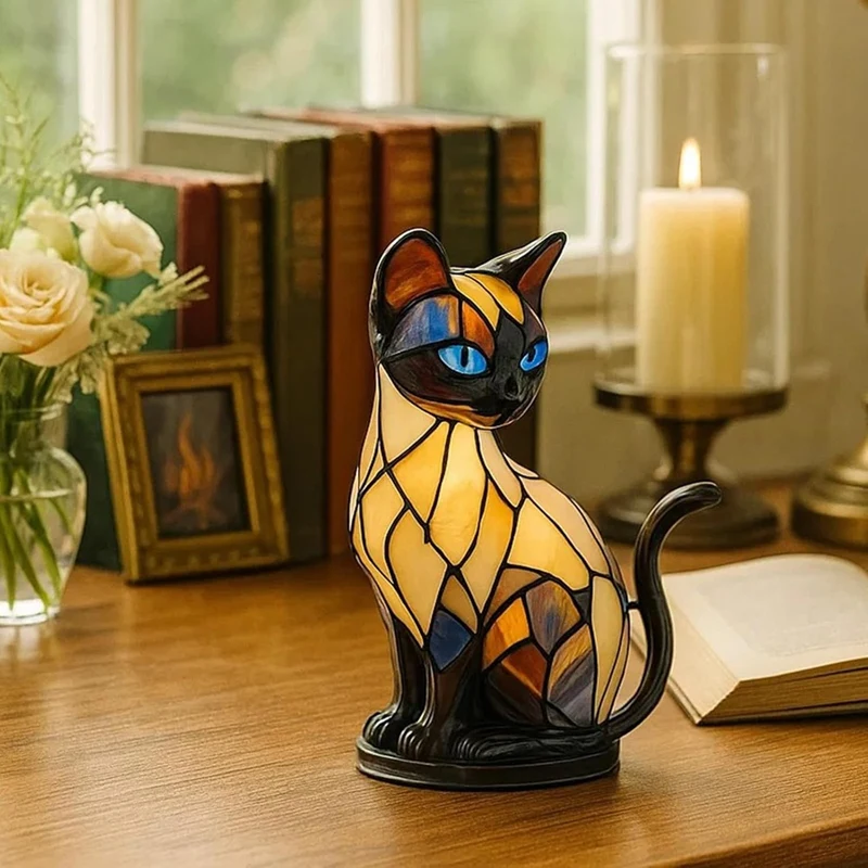 Stained Glass Cat Lamp Cute Animal Resin Night Light LED Bedside Lamp for Bedroom Living Room Decor Home Decoration Gift