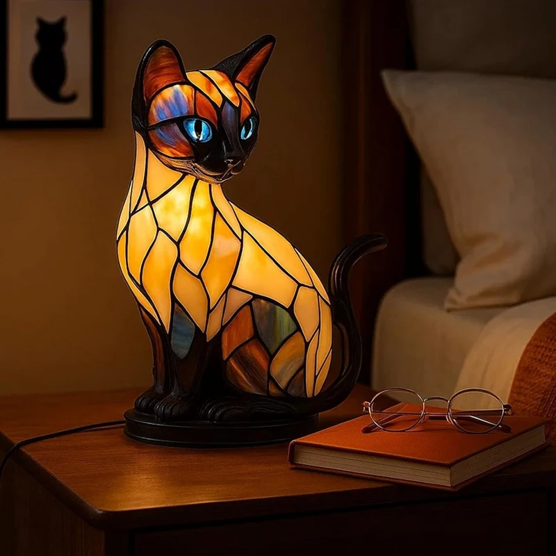 Stained Glass Cat Lamp Cute Animal Resin Night Light LED Bedside Lamp for Bedroom Living Room Decor Home Decoration Gift