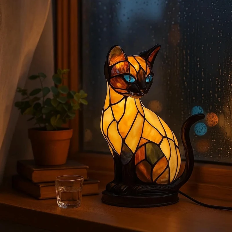 Stained Glass Cat Lamp Cute Animal Resin Night Light LED Bedside Lamp for Bedroom Living Room Decor Home Decoration Gift