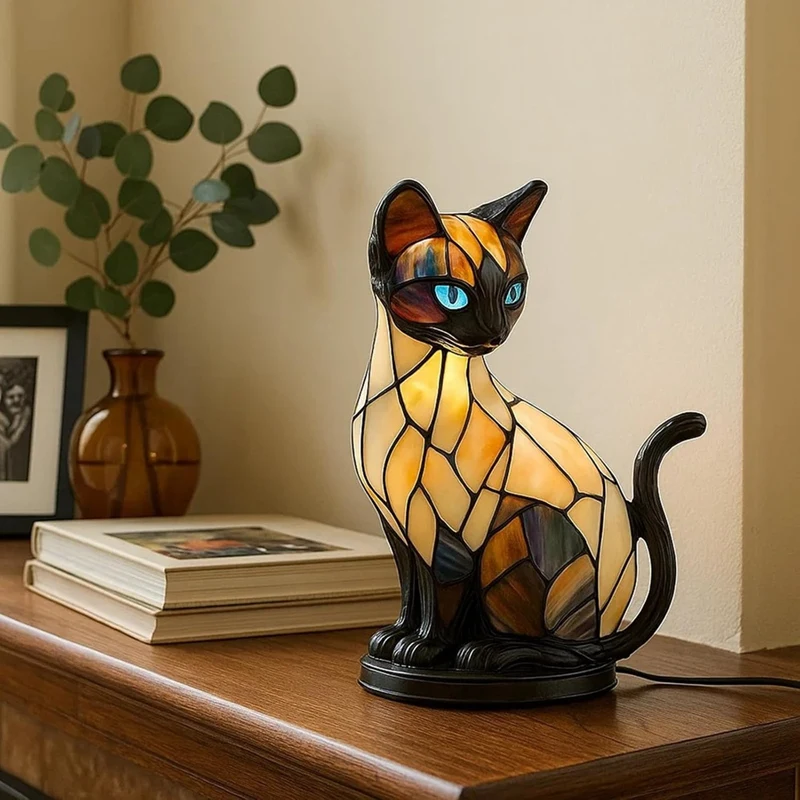 Stained Glass Cat Lamp Cute Animal Resin Night Light LED Bedside Lamp for Bedroom Living Room Decor Home Decoration Gift