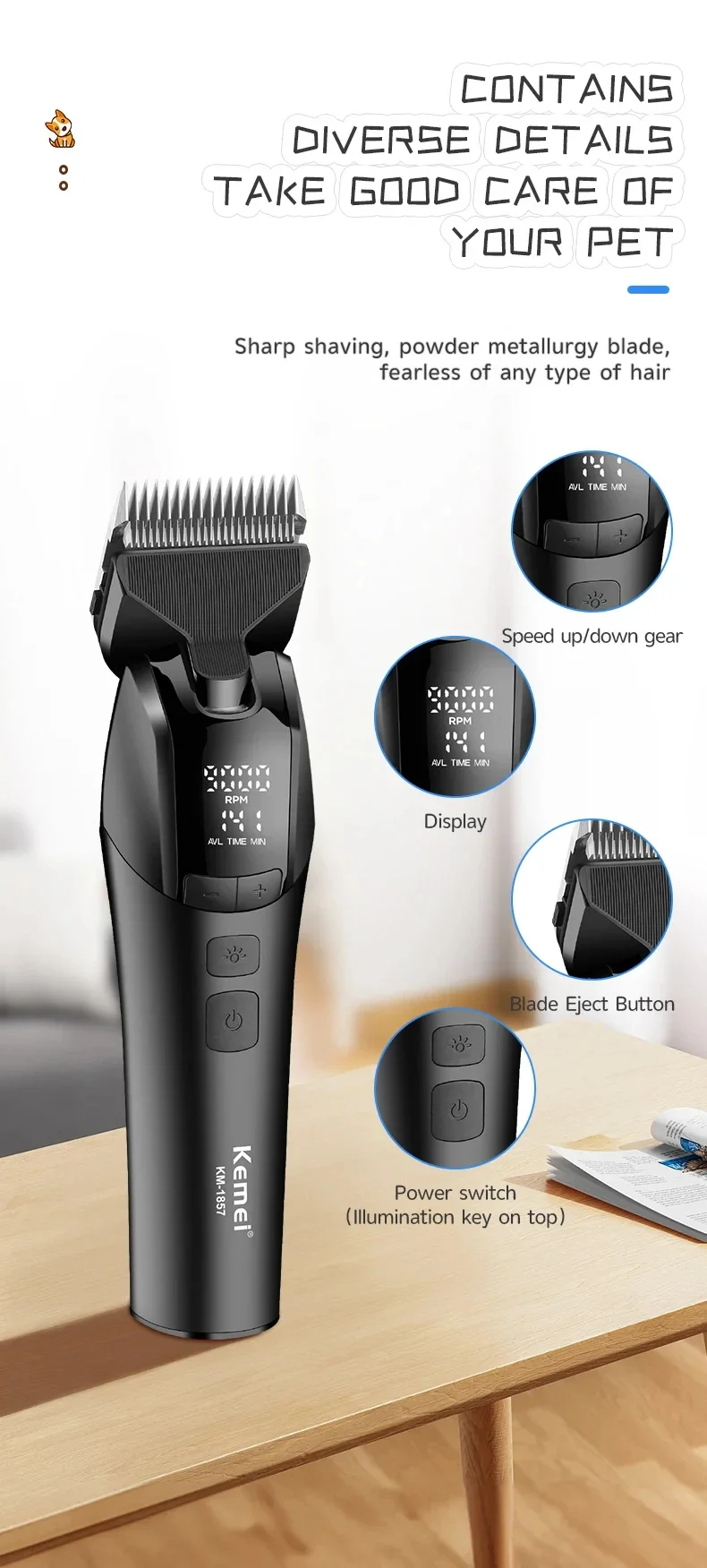 Kemei 1857 Professional Pet Dog Grooming Clipper Electric Rechargeable Cat Hair Shaver Dog Hair Trimmer 10W Animal Hair Clipper