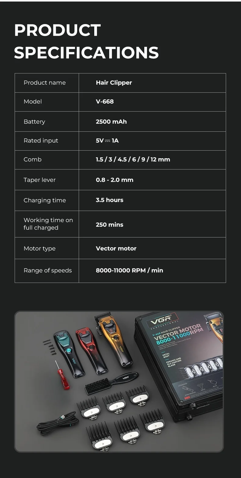 VGR Hair Clippers Professional Hair Trimmer Barber Clippers 11000 RPM Hair Cutting Machine Vector Motor Trimmer for Men V-668