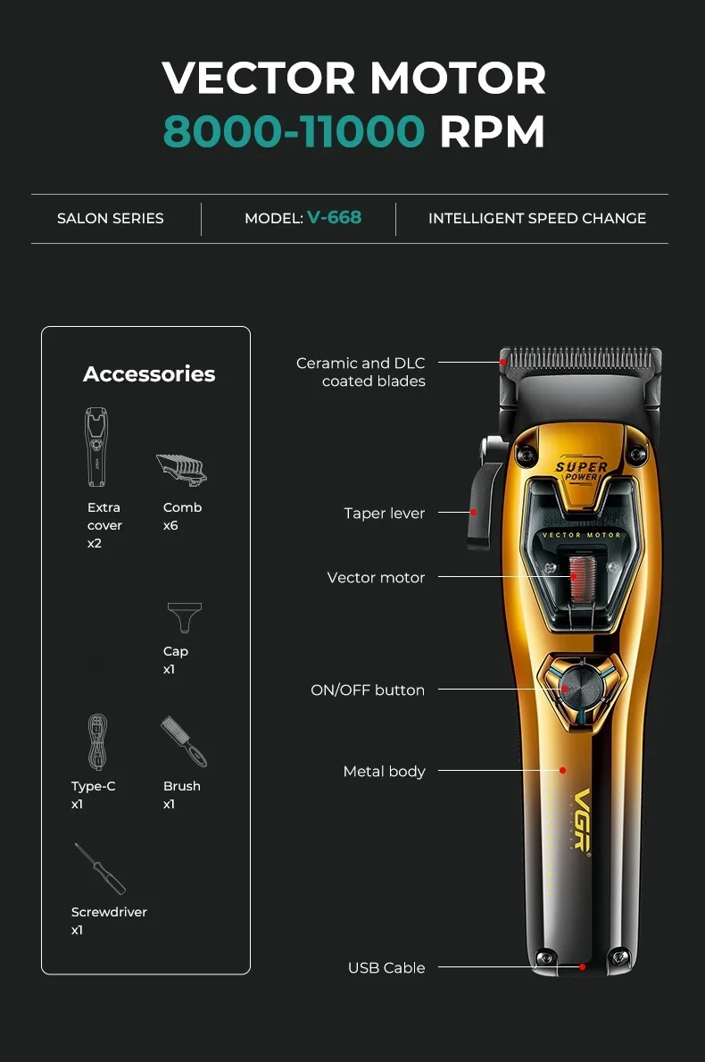 VGR Hair Clippers Professional Hair Trimmer Barber Clippers 11000 RPM Hair Cutting Machine Vector Motor Trimmer for Men V-668