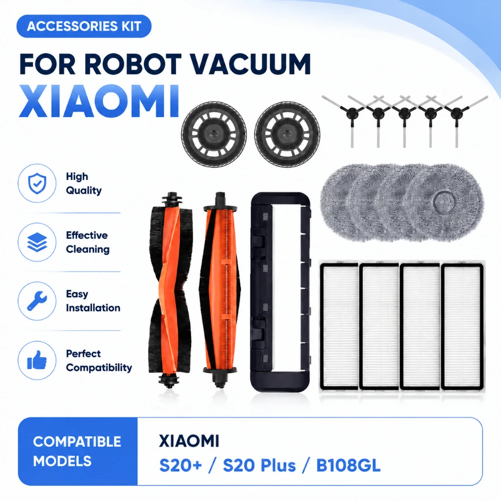 Robot Vacuum Cleaner Accessories Kit For Xiaomi S20+ S20 Plus B108GL, Main Side Brush Filter Mop Cloths Replacement Spare Parts