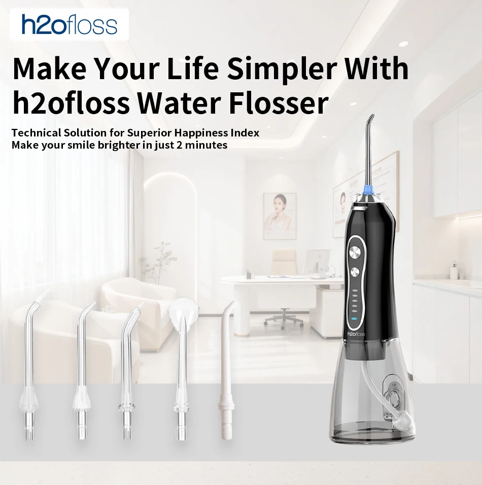 H2ofloss Water Flosser Portable Oral Irrigator 300ML 5 Modes High Pressure USB Rechargeable for Teeth Cleaning HF-6