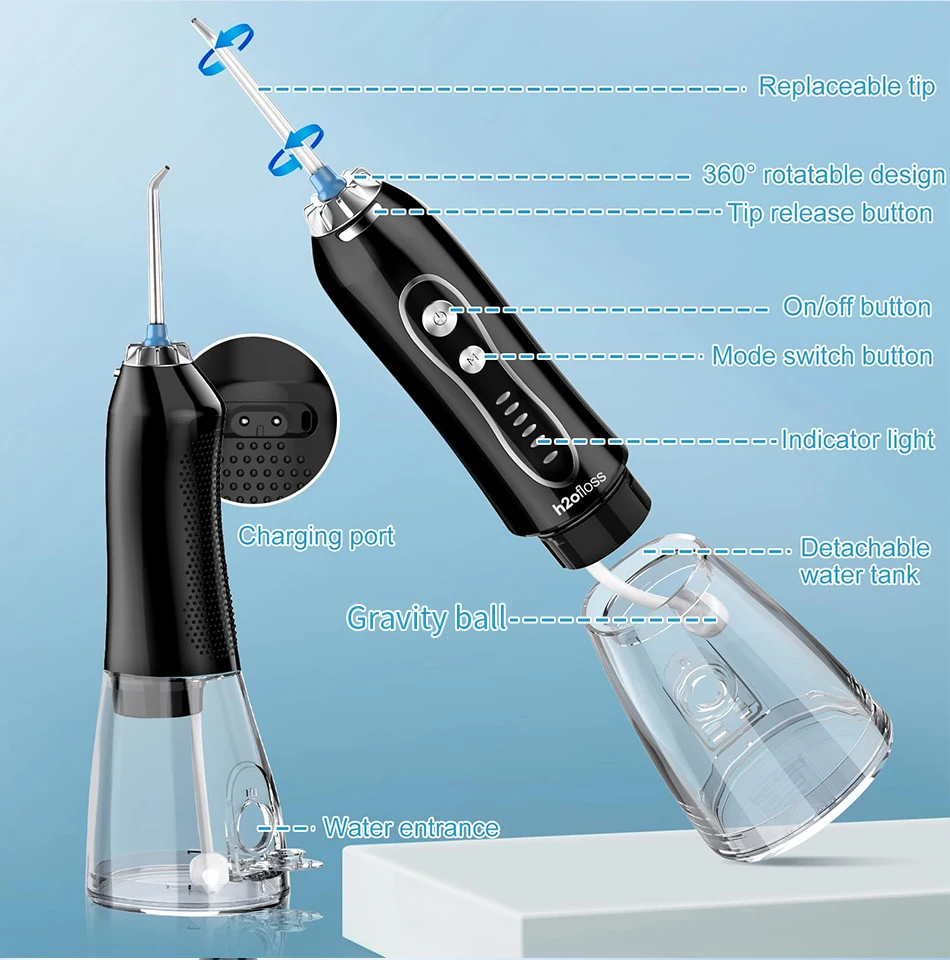 H2ofloss Water Flosser Portable Oral Irrigator 300ML 5 Modes High Pressure USB Rechargeable for Teeth Cleaning HF-6