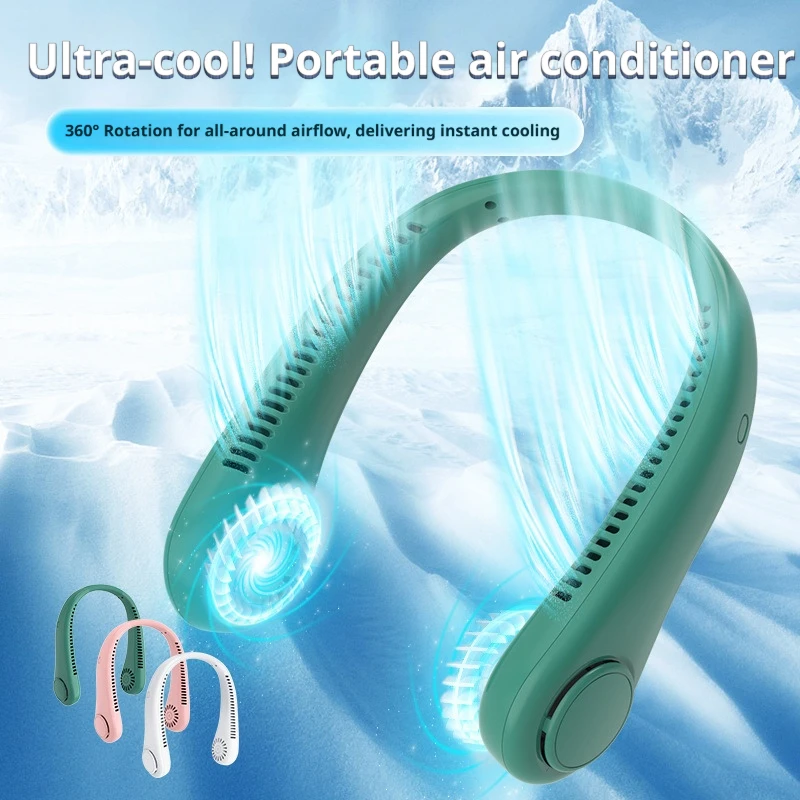 2026 Long Endur New Mini Neck Mounted Fan Portable Bladeless Neck Rechargeable Air Cooler 3 Speed Mini Summer Sports Fan Outdoor