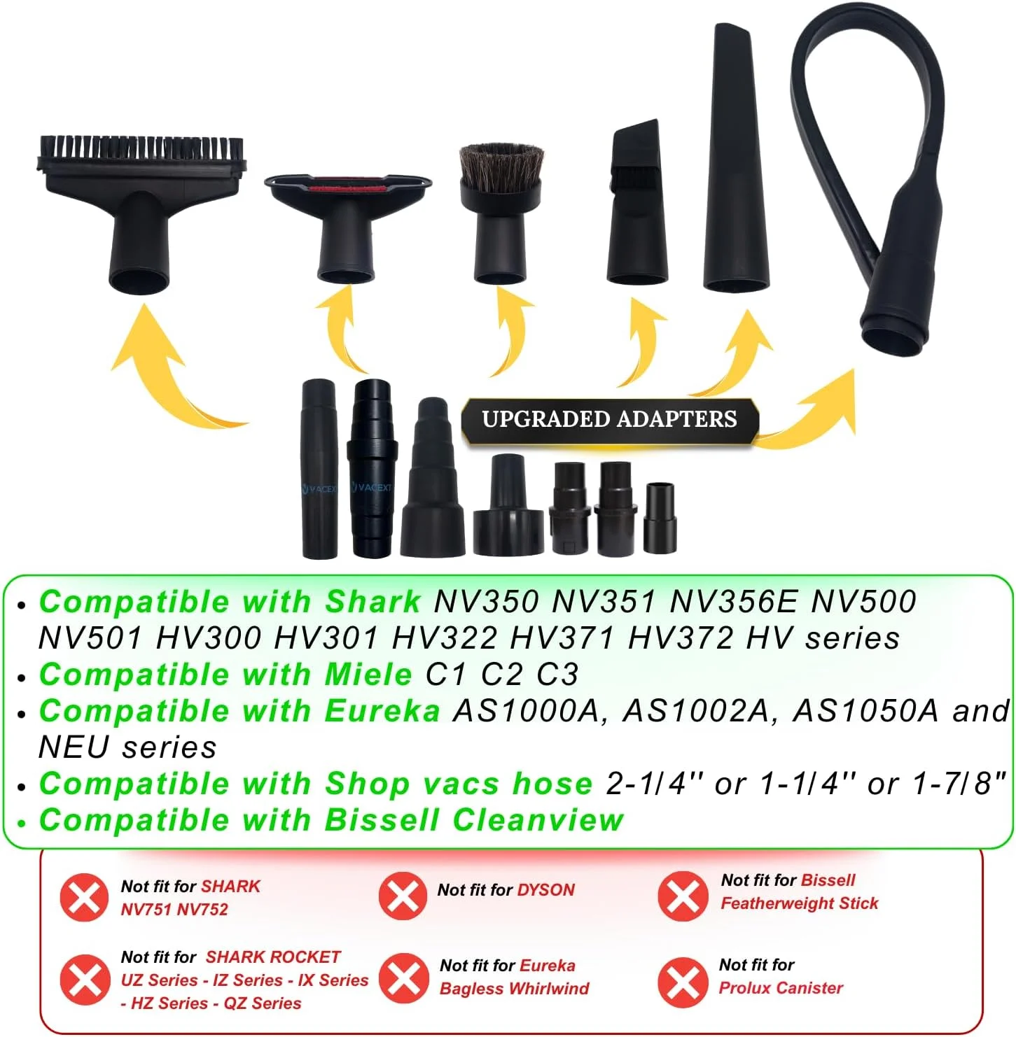 Replacement Vacuum Attachments & Brushes Plus Universal Adapter Kit Compatible with Shop Vacs 2-1/4'' 1-7/8'' 1-3/8'' 1-1/4 Inch