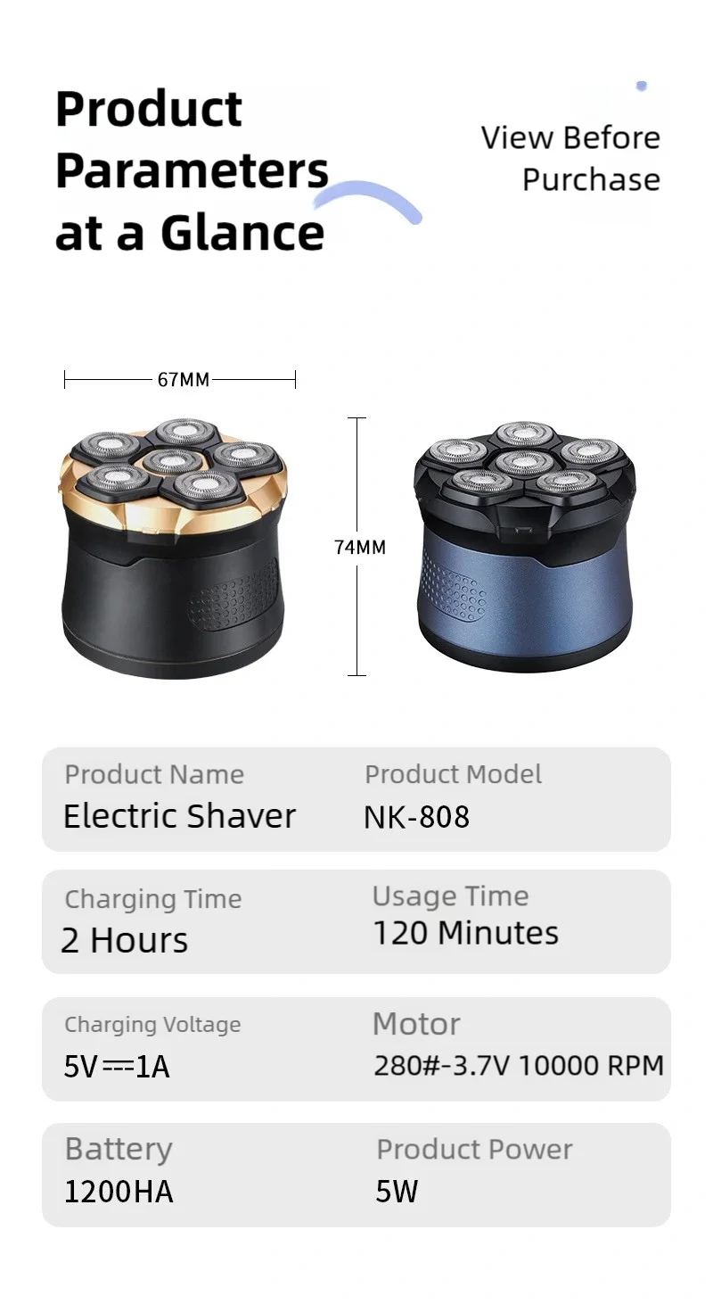 TINSOL Men's Electric Shaver 6D Magnetic Hair Trimmer Rechargeable LED Waterproof Facial Hair Clipper Bald Head Machine