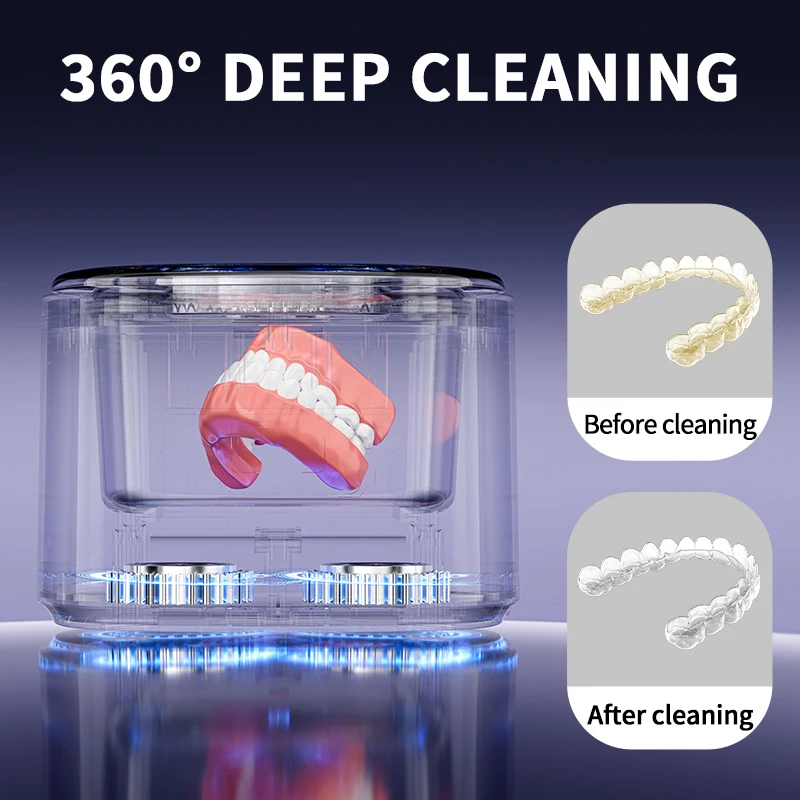 Ultrasonic Cleaner for Dentures Retainer Braces Jewelry - Portable 45kHz USB Dental Pod with UV, Travel Case, Gift for Men Women