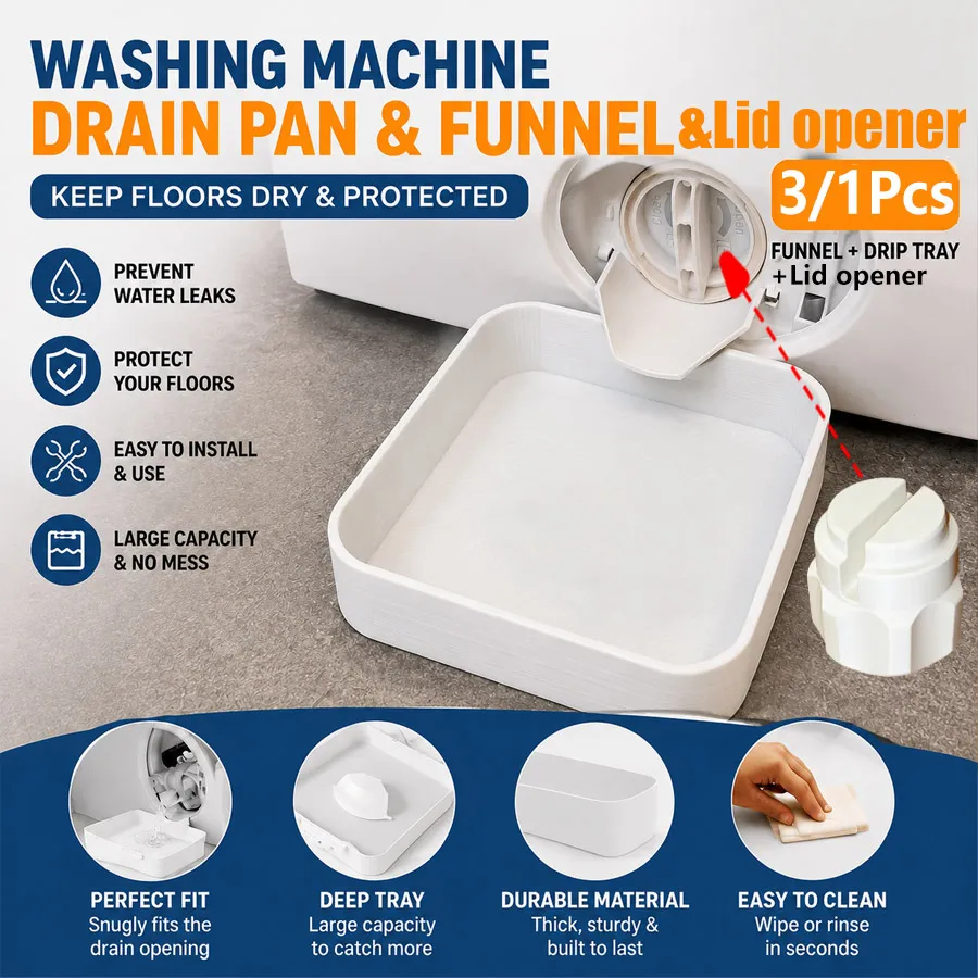 1/3 Pack, Heavy Duty Washing Machine Leak Drain Tray with Spare Funnel & Opener, Floor Water Protection Pan for Laundry Bathroom