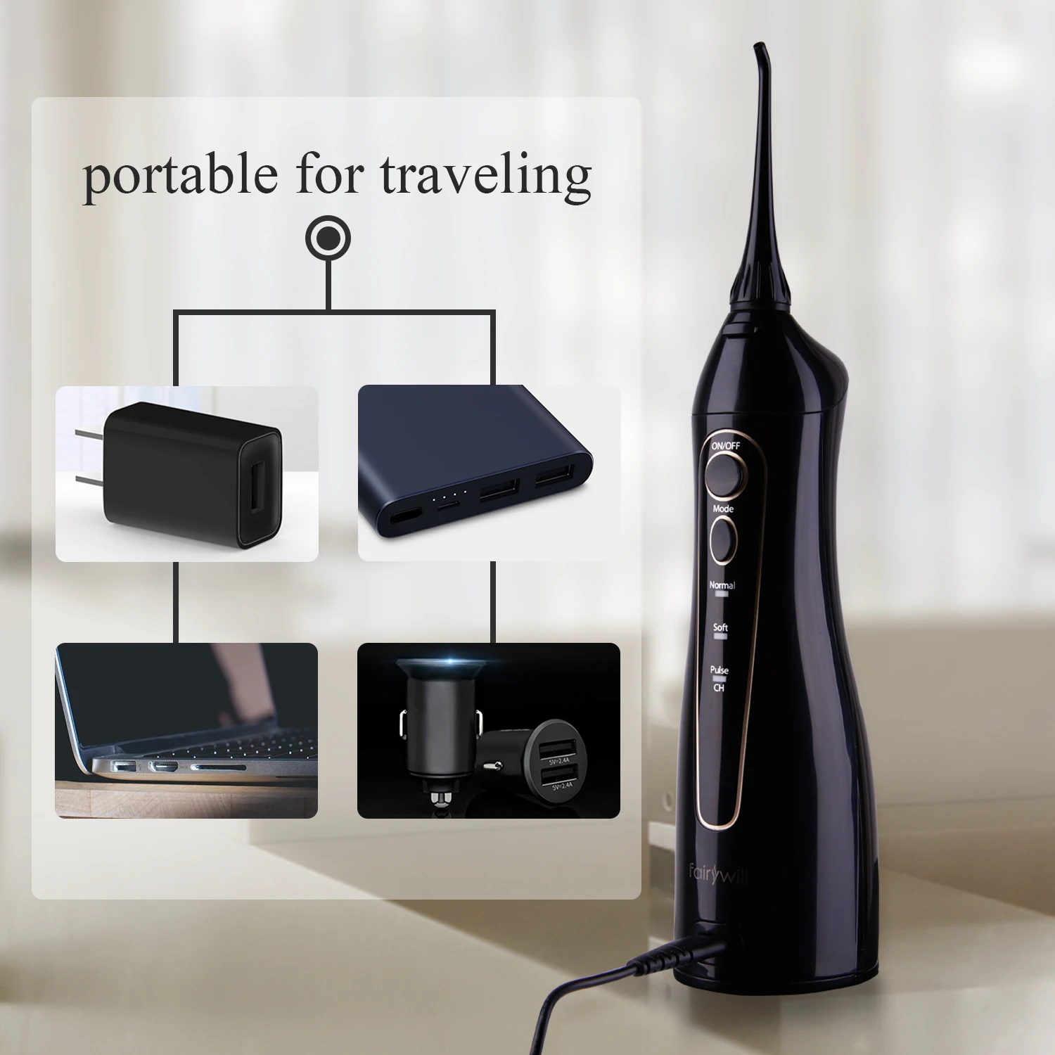 Fairywill 5020E Water Flosser Teeth 300ML Oral Irrigator Rechargeable Portable Dental 3 Modes Water Tank Waterproof Teeth Cleane