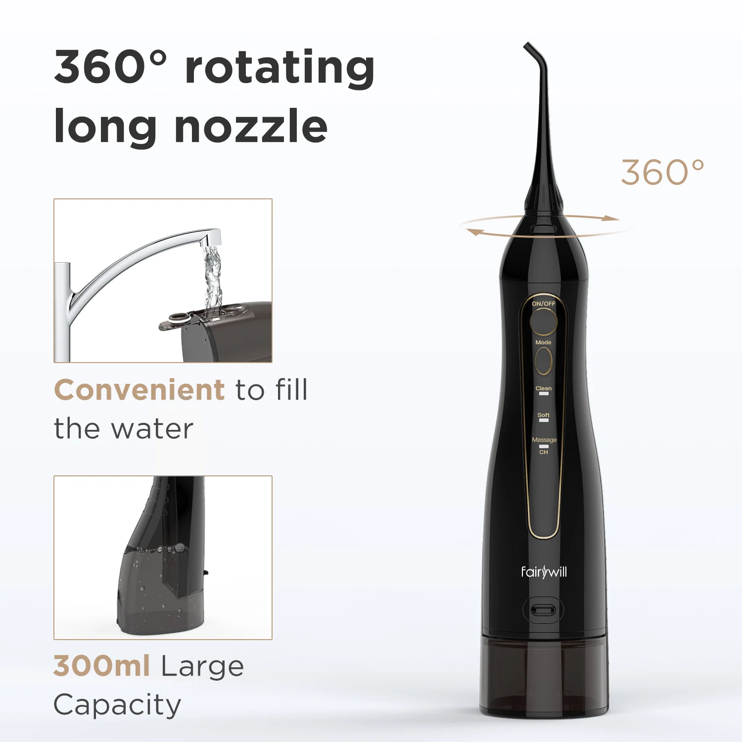 Fairywill 5020E Water Flosser Teeth 300ML Oral Irrigator Rechargeable Portable Dental 3 Modes Water Tank Waterproof Teeth Cleane