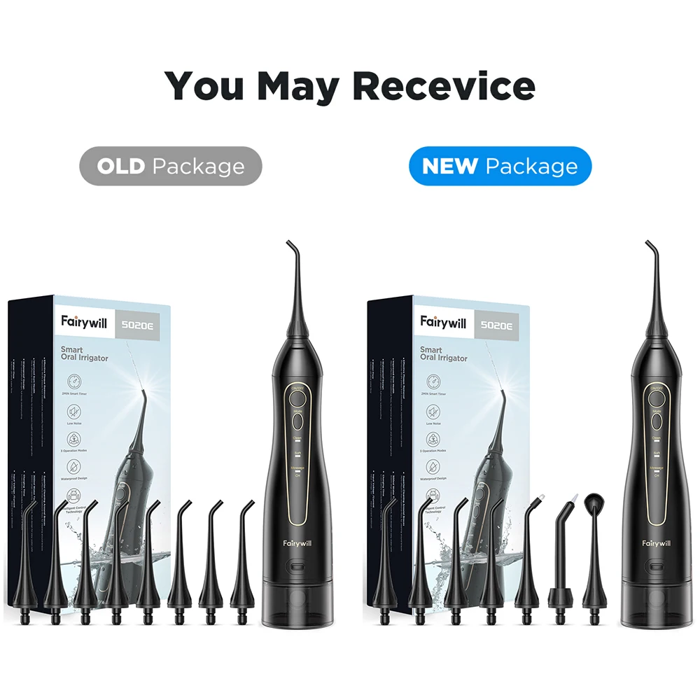 Fairywill 5020E Water Flosser Teeth 300ML Oral Irrigator Rechargeable Portable Dental 3 Modes Water Tank Waterproof Teeth Cleane