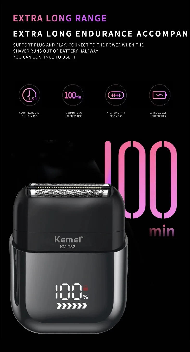 Kemei Waterproof Foil Shaver Electric Razor for Men's Face Compact Travel Shavers Close Shave Trimmer USB-C Rechargeable Gifts