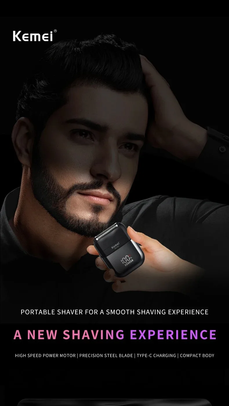 Kemei Waterproof Foil Shaver Electric Razor for Men's Face Compact Travel Shavers Close Shave Trimmer USB-C Rechargeable Gifts