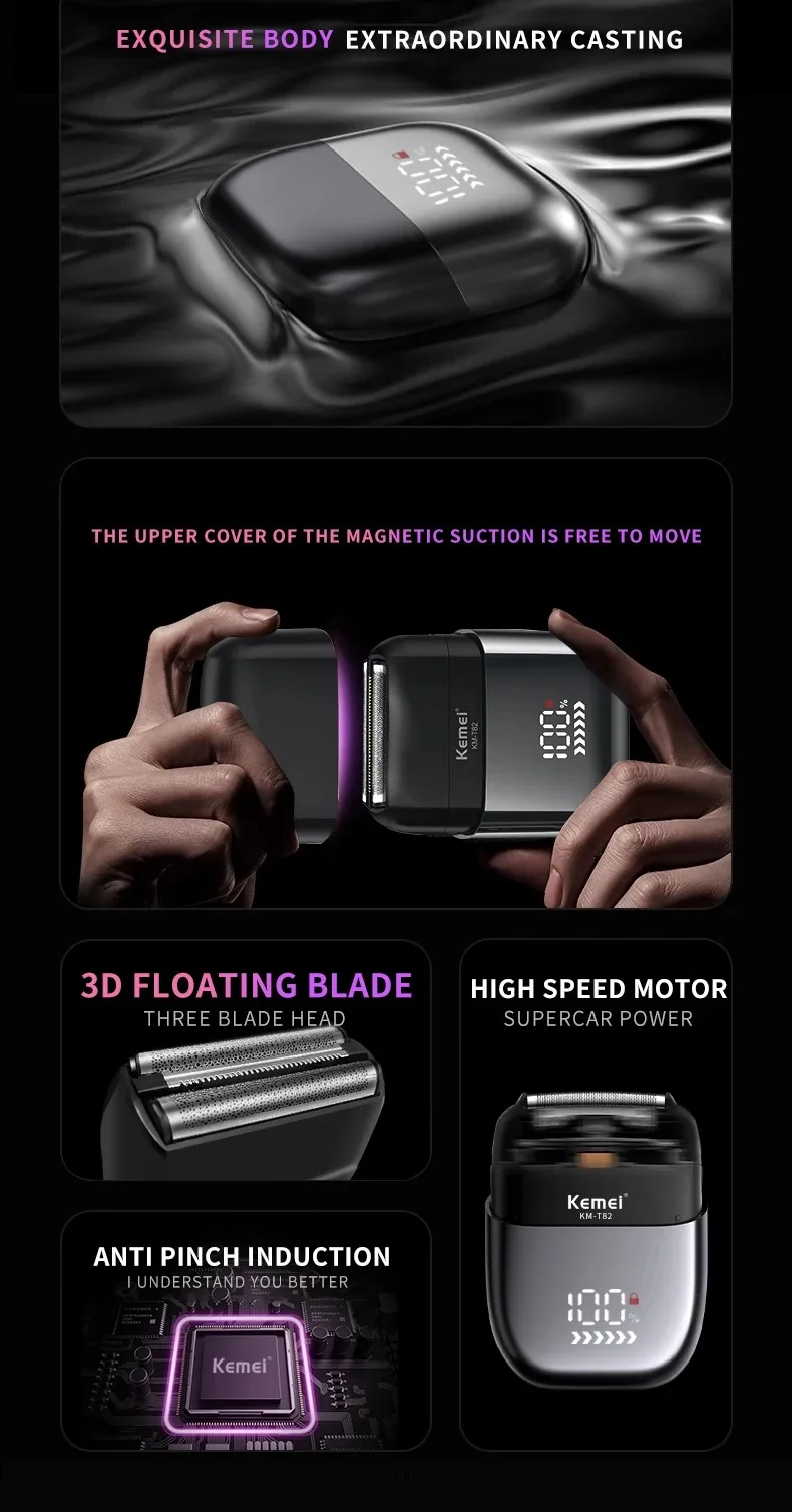 Kemei Waterproof Foil Shaver Electric Razor for Men's Face Compact Travel Shavers Close Shave Trimmer USB-C Rechargeable Gifts