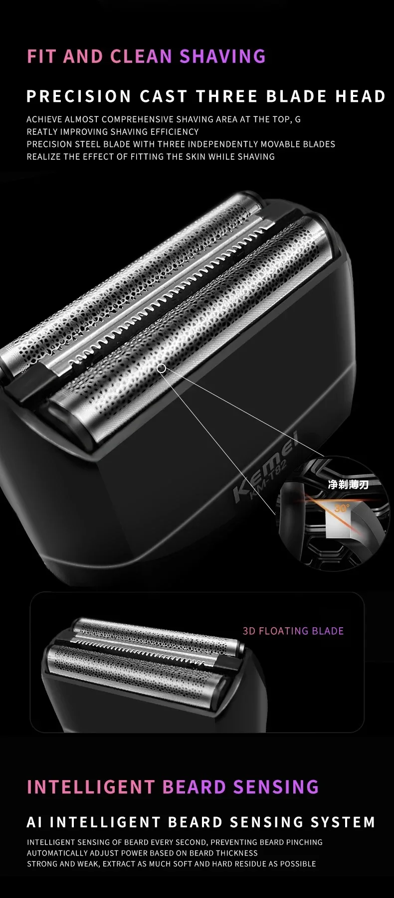Kemei Waterproof Foil Shaver Electric Razor for Men's Face Compact Travel Shavers Close Shave Trimmer USB-C Rechargeable Gifts