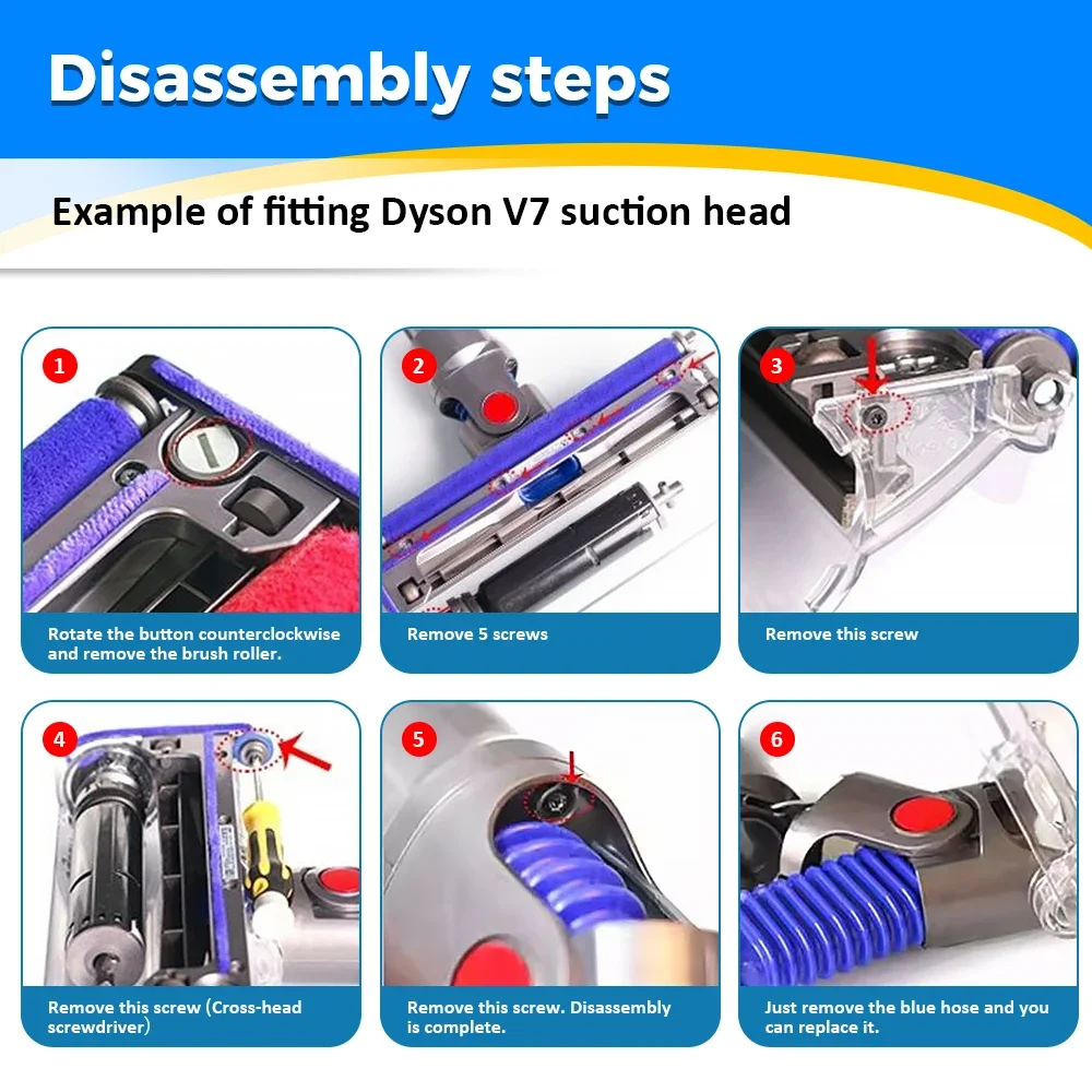 1-8pc Soft Roller Duct Rubber Hose With Repair Tool for Dyson V6 V7 V8 V10 V11Vacuum Cleaner Soft Drum Head Blue Hose Spare Part