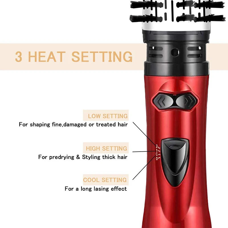 Rotating Hair Dryer Brush Electric Blow Drier Comb Hot Air Straightener Curler Iron One Step 2 Gears Blower Replaceable 2 Heads