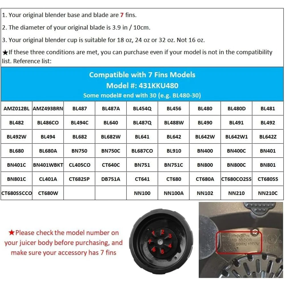 For Nutri Ninja Auto IQ BL480 BL481 BL482-30 BL487 Blender Juicer 7 Fin Extractor Bottom Blade, With Silicone Rubber Seal Sealin