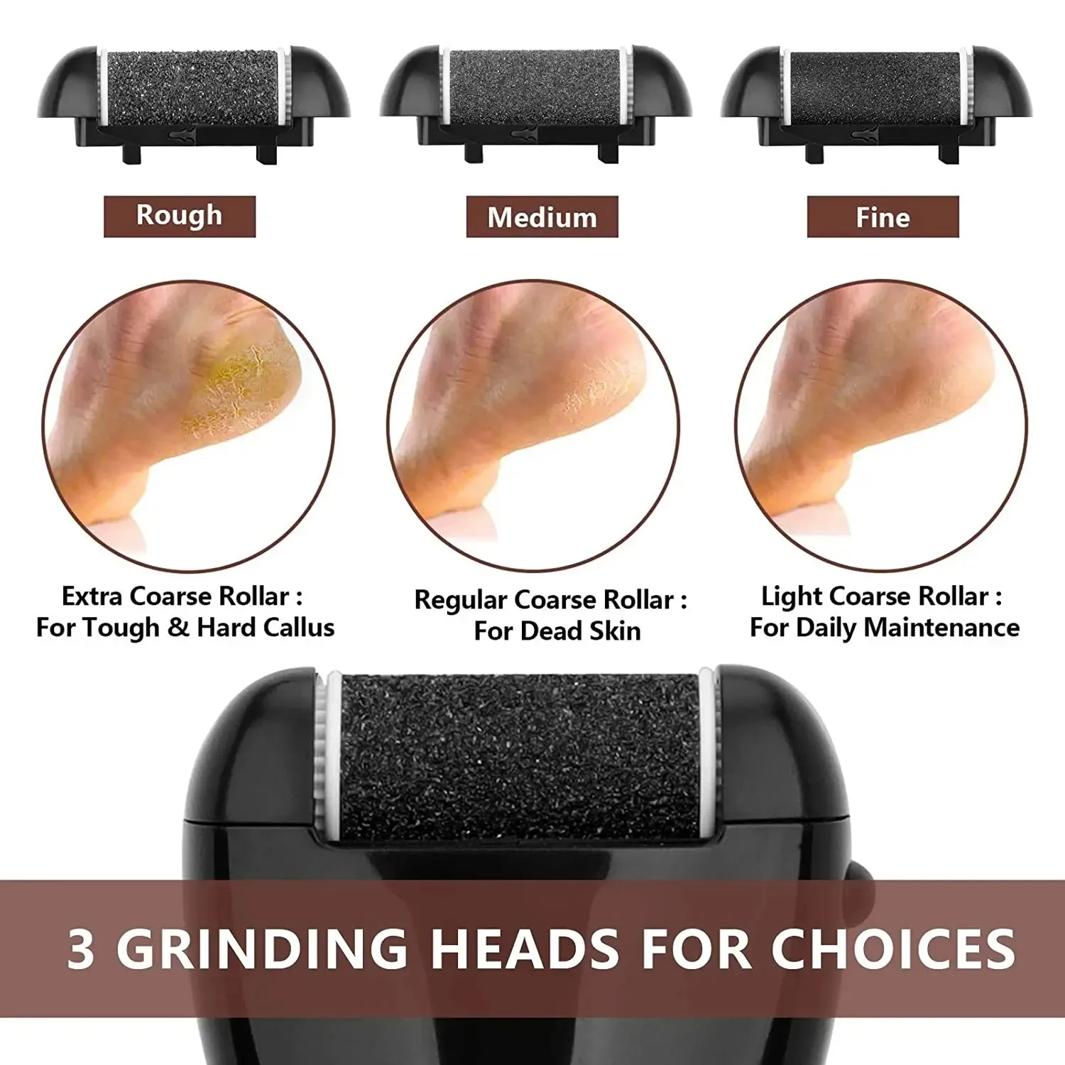 Black Foot Care Tool Heads, Hard Skin Remover, Refill Rollers for Cracked Heels Calluses and Dead Skin Removal, 6 Pcs