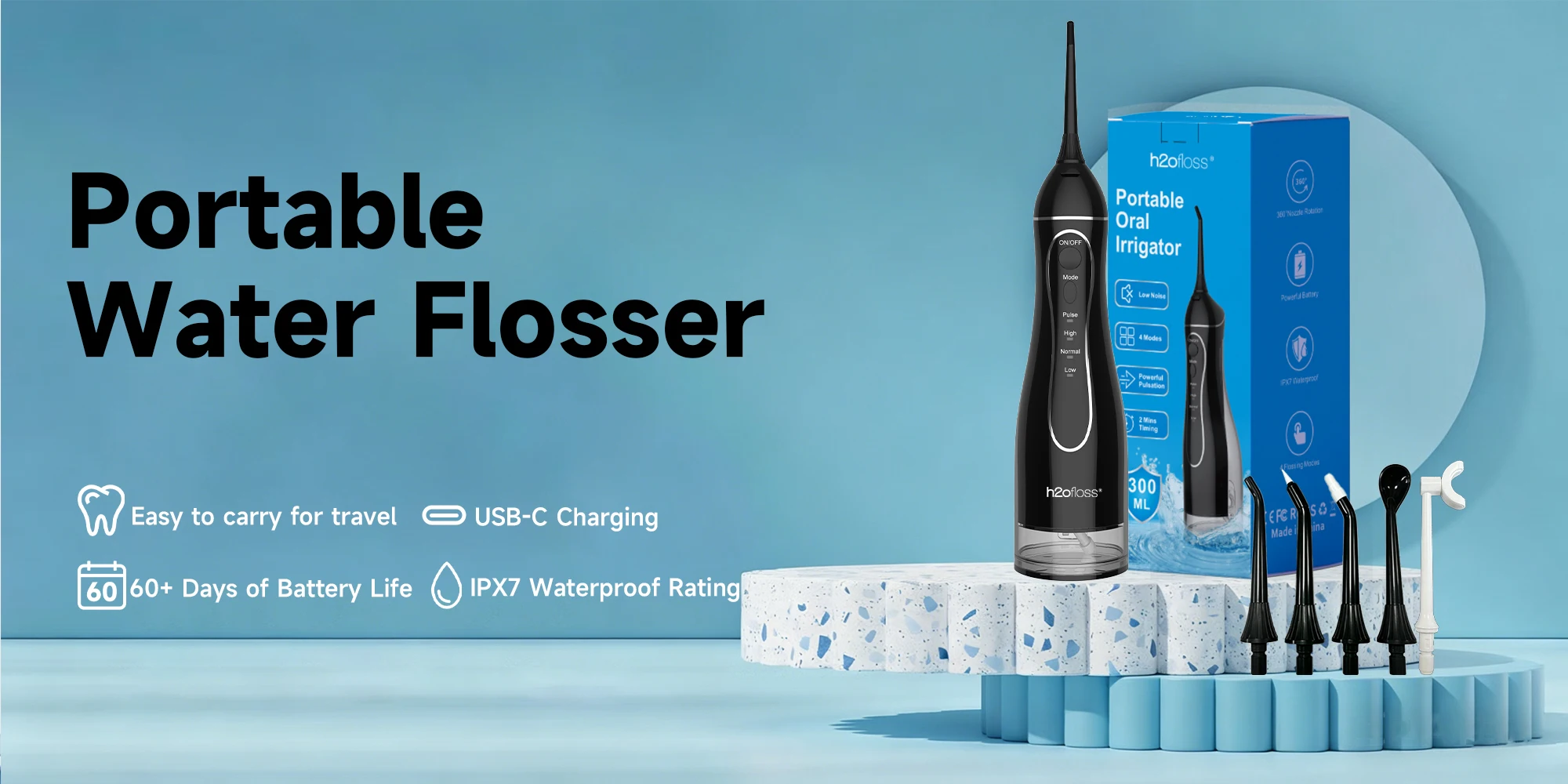 H2ofloss Portable Water Flosser Oral Irrigator 300ML 4 Modes, Curved Angled Tips Reach Back Teeth and Gaps, USB-C Rechargeable