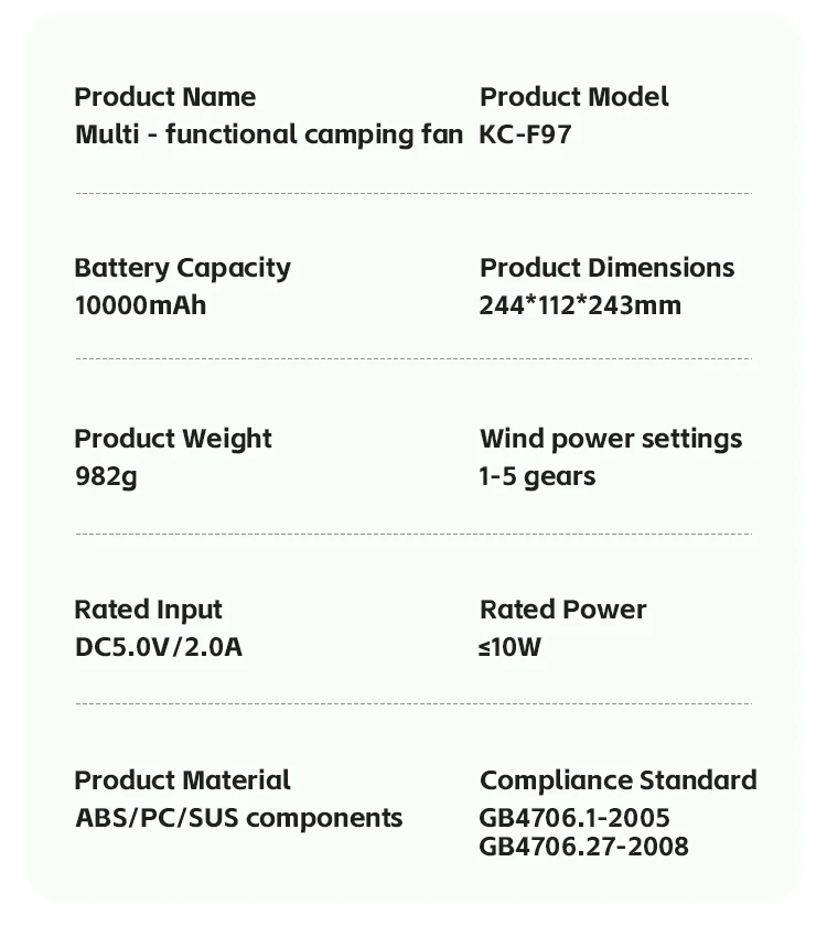 Portable 6 in 1 Outdoor Camping Fan 10000mAh Rechargeable Wireless Tent Ceiling Fan 5 Speed Adjustment Remote Control LED Light