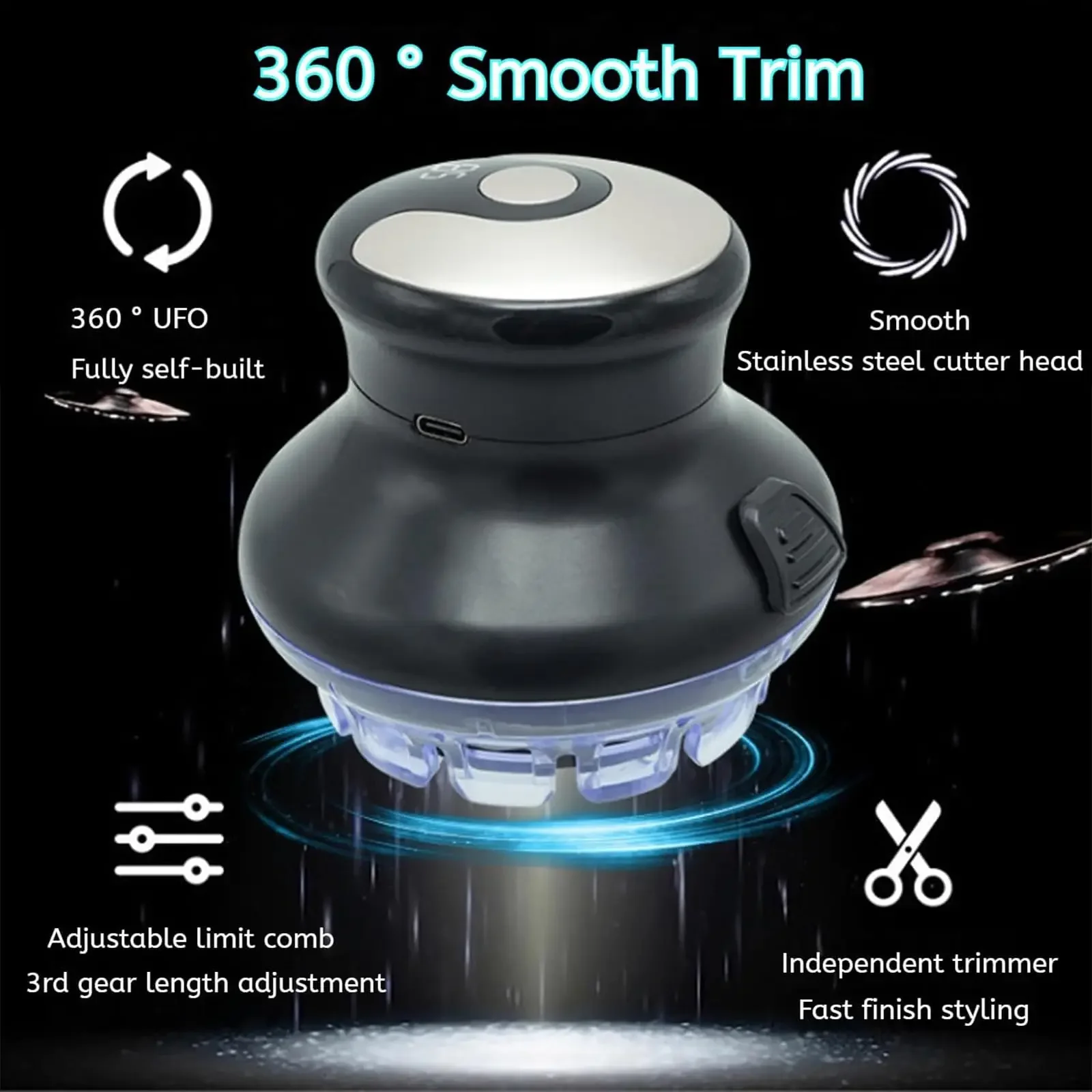 TINSOL Head Automatic Hair Clipper Wireless Round Hair Trimmer with LED Display Adjustable Length 3-12mm DIY Haircut Kit