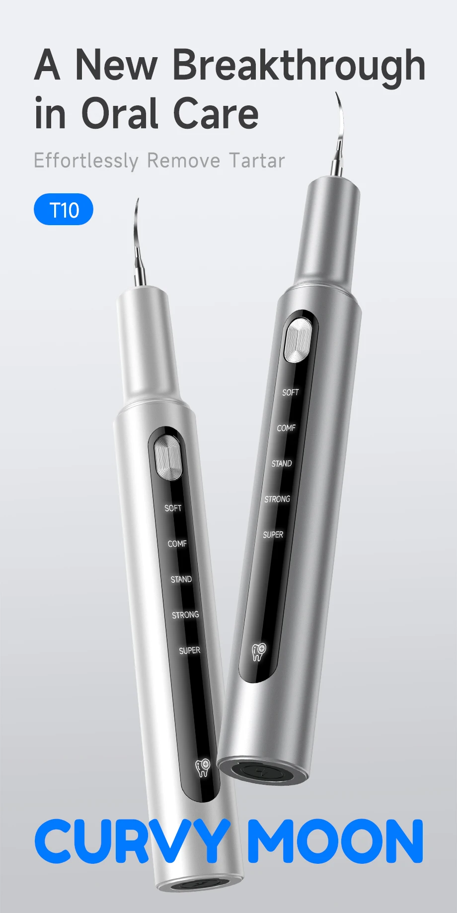 CURVY MOON T10 Electric Ultrasonic Calculus Scaler Tartar Eliminator Tooth Whiting Cleaning 5 Mode with UV LED Oral Care Tools