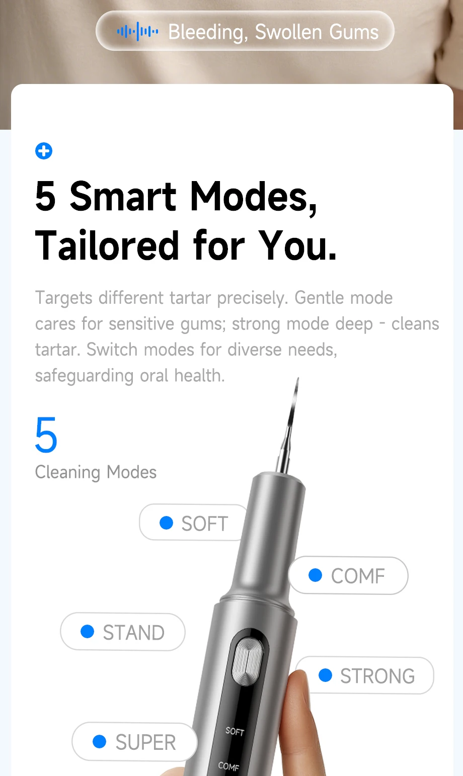 CURVY MOON T10 Electric Ultrasonic Calculus Scaler Tartar Eliminator Tooth Whiting Cleaning 5 Mode with UV LED Oral Care Tools