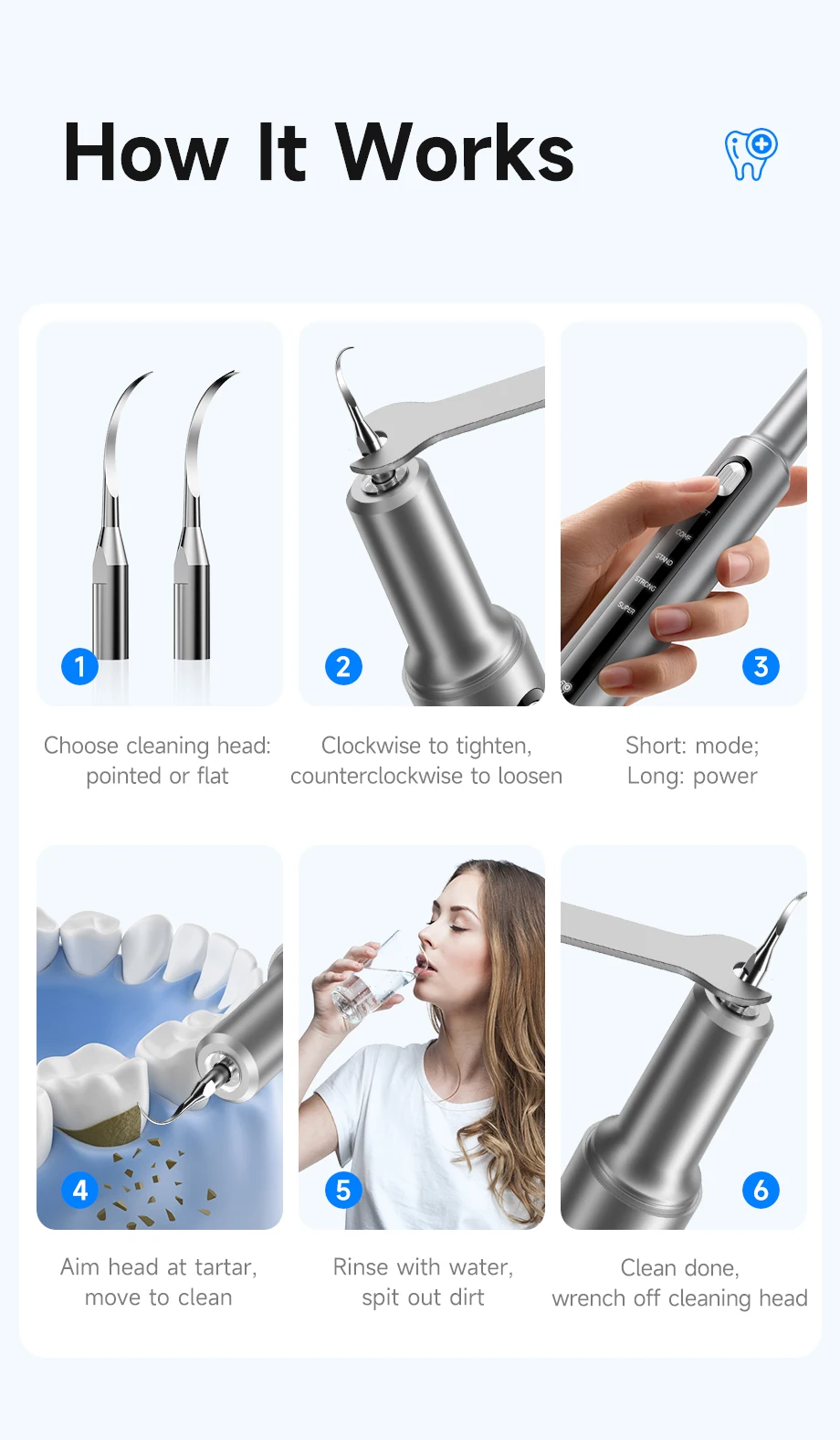 CURVY MOON T10 Electric Ultrasonic Calculus Scaler Tartar Eliminator Tooth Whiting Cleaning 5 Mode with UV LED Oral Care Tools