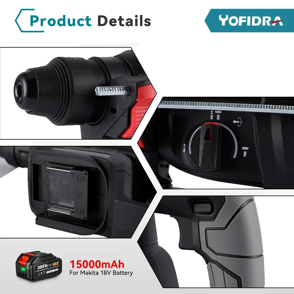 YOFIDRA 26mm Brushless Electric Hammer Electric Pick Impact Drill Multi-function Cordless Rotary Tool For Makita Battery Pin