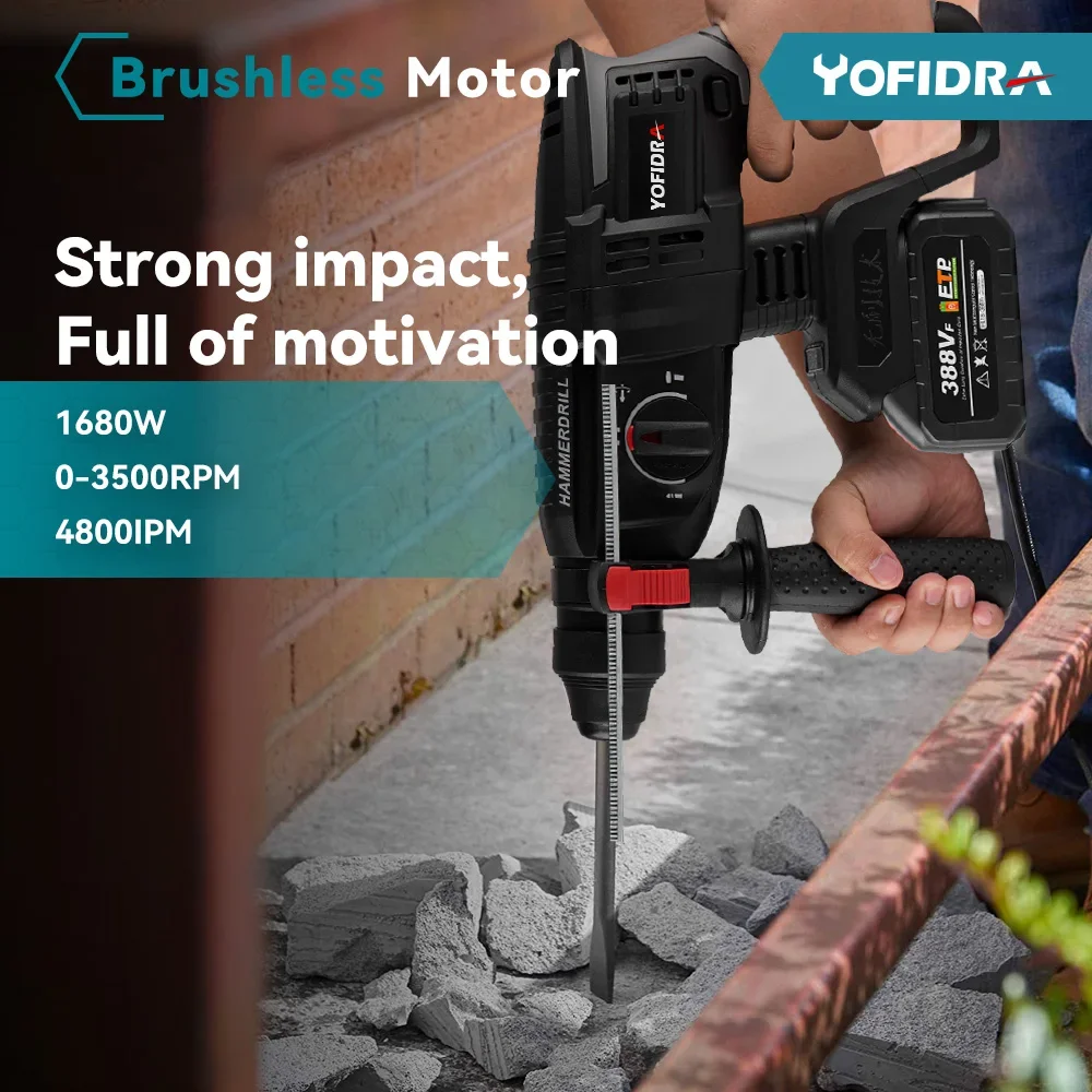 YOFIDRA 26mm Brushless Electric Hammer Electric Pick Impact Drill Multi-function Cordless Rotary Tool For Makita Battery Pin