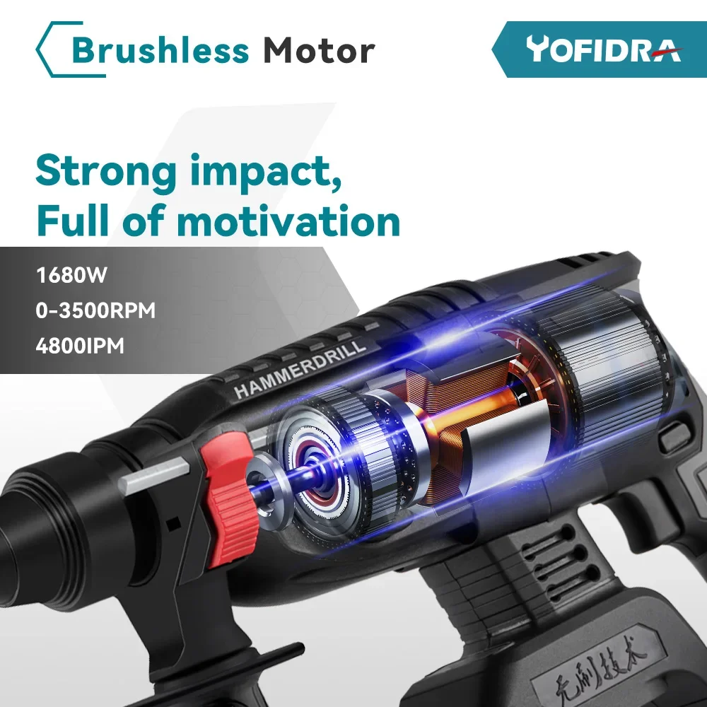 YOFIDRA 26mm Brushless Electric Hammer Electric Pick Impact Drill Multi-function Cordless Rotary Tool For Makita Battery Pin