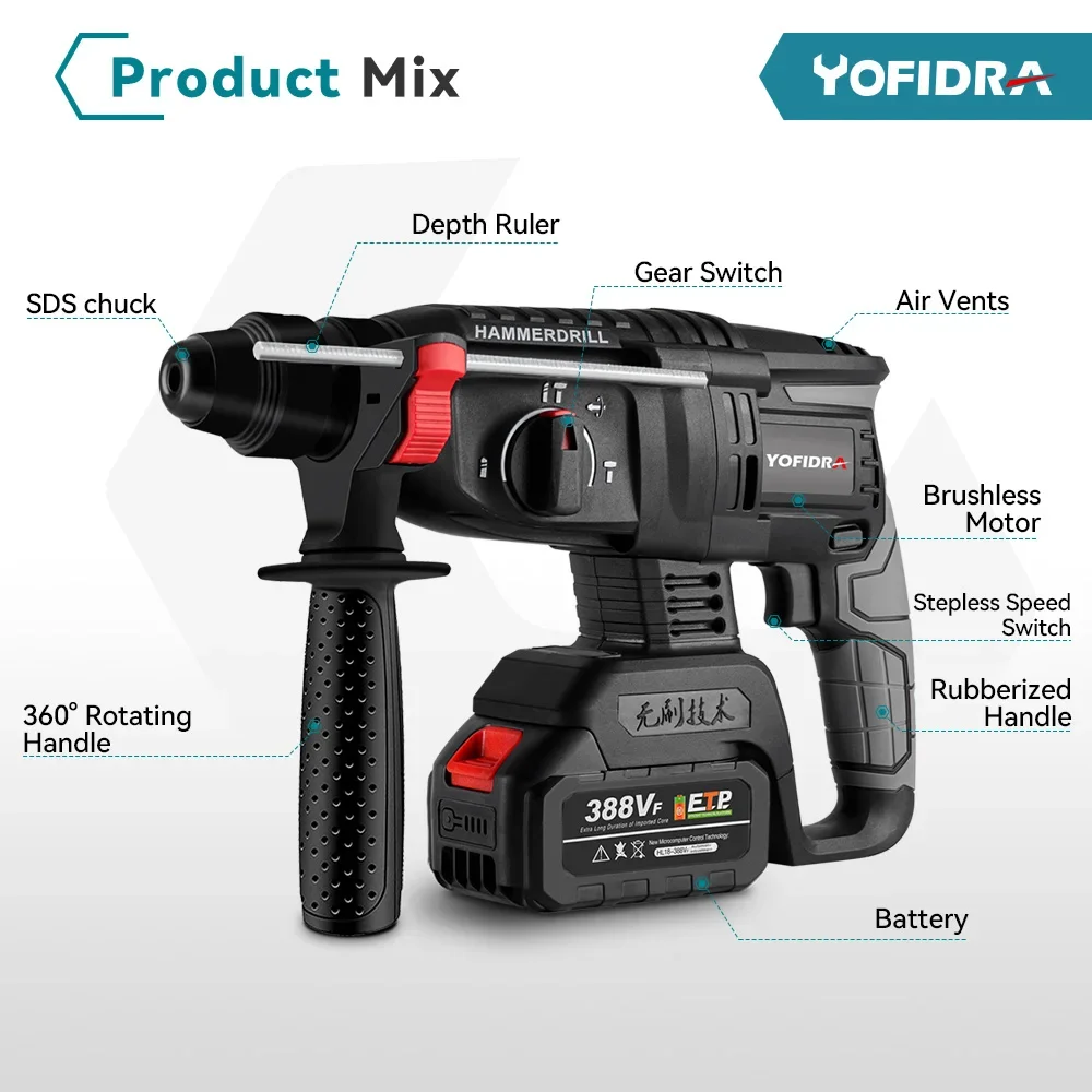YOFIDRA 26mm Brushless Electric Hammer Electric Pick Impact Drill Multi-function Cordless Rotary Tool For Makita Battery Pin