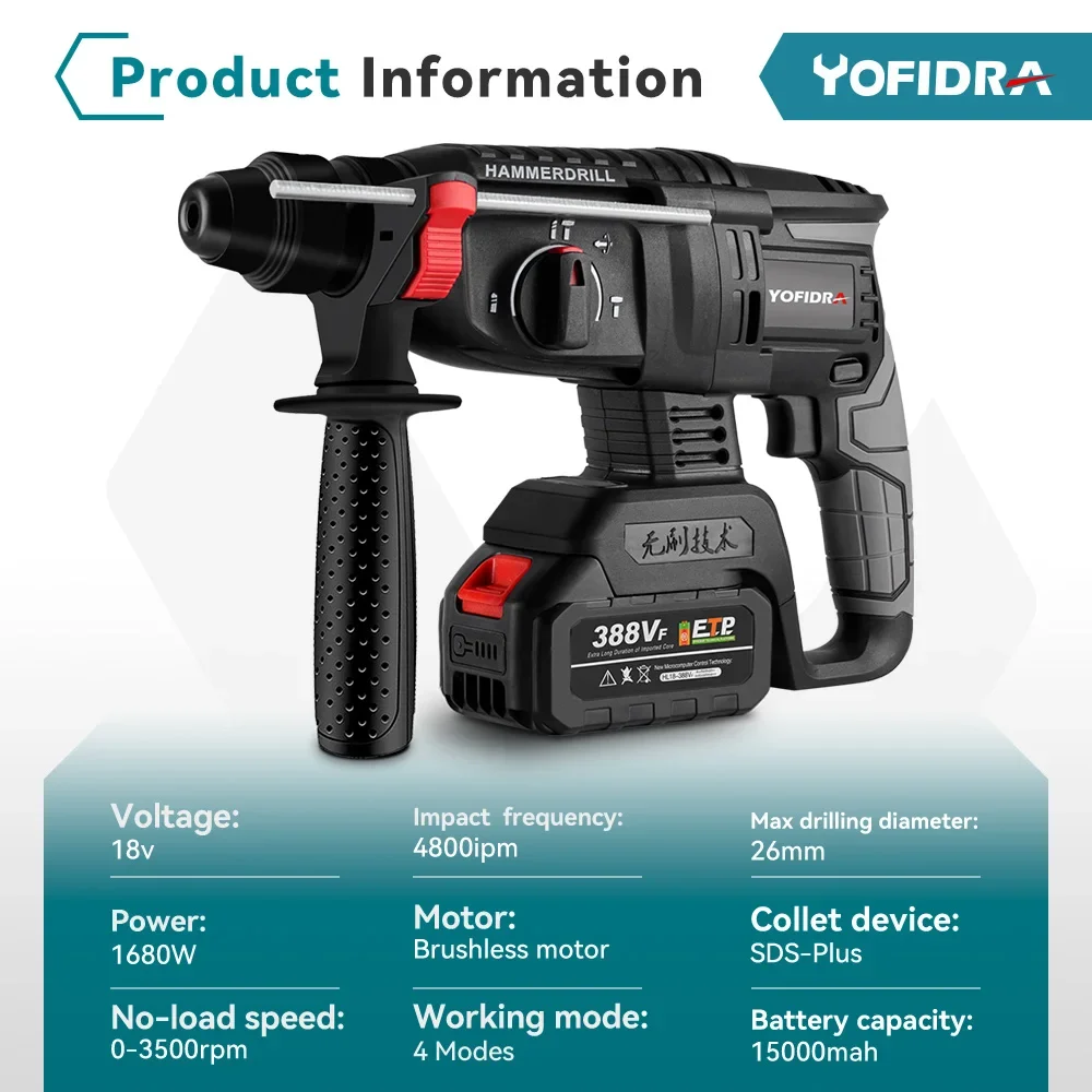 YOFIDRA 26mm Brushless Electric Hammer Electric Pick Impact Drill Multi-function Cordless Rotary Tool For Makita Battery Pin