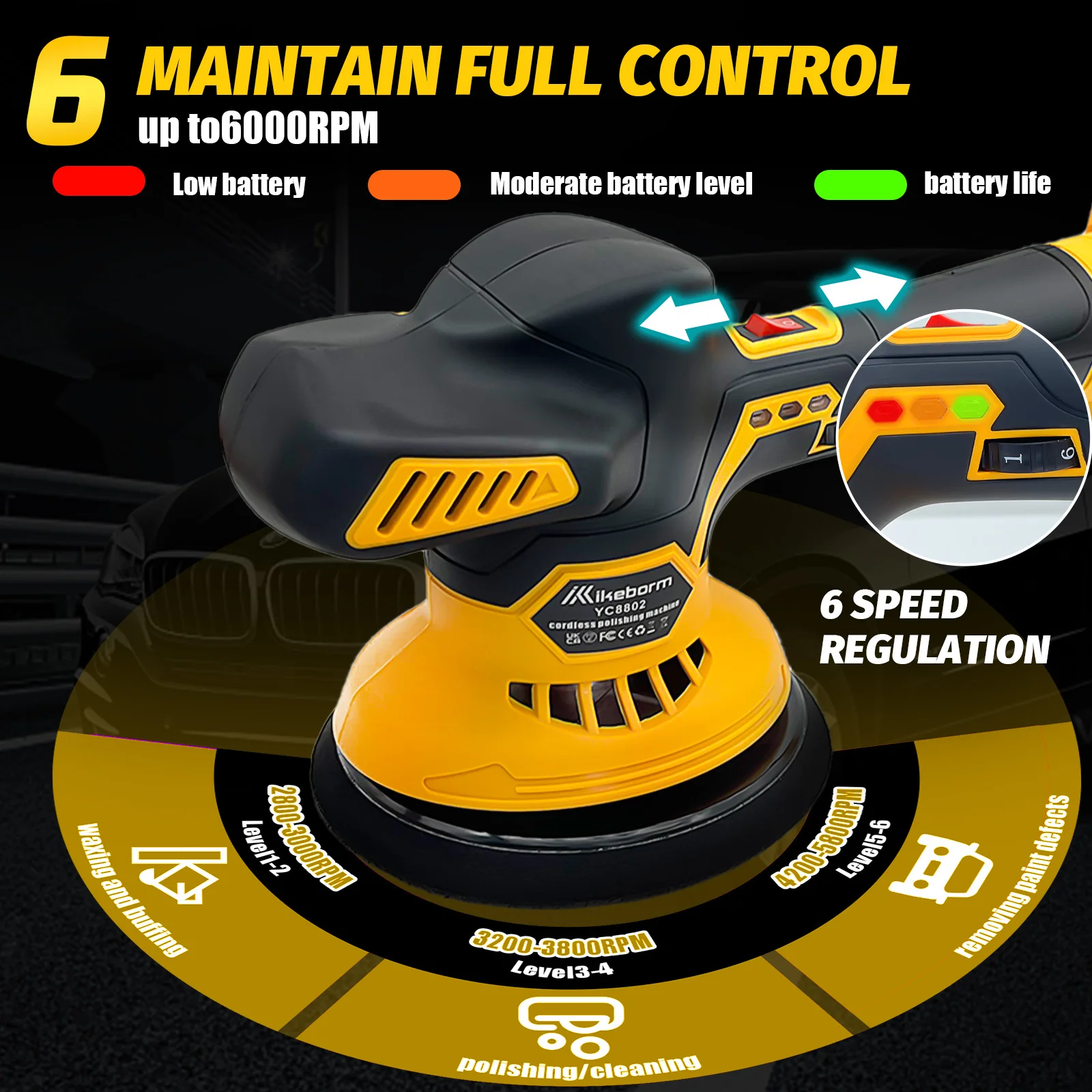 Cordless Car Polisher for Dewalt 20V Battery 6 Variable Speed 5000RPM Car Buffer Polisher for Car Detailing Waxing (No Battery)
