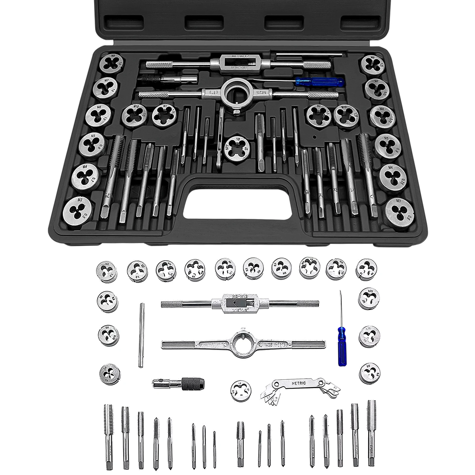 Professional 40Pcs Metric Tap and Die Set M3 - M12 Nut Bolt Screw Thread Steel Pitch Gauge Repair Tool with Black Case