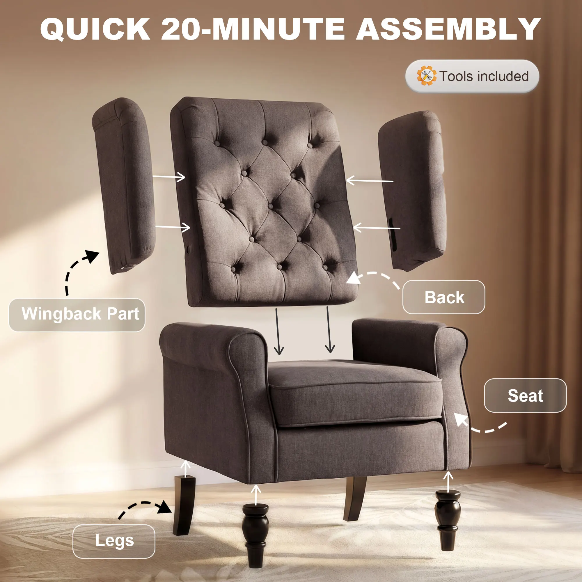 HOMCOM Accent Armchair Home Furniture Retro Tufted Club Wood Fabric